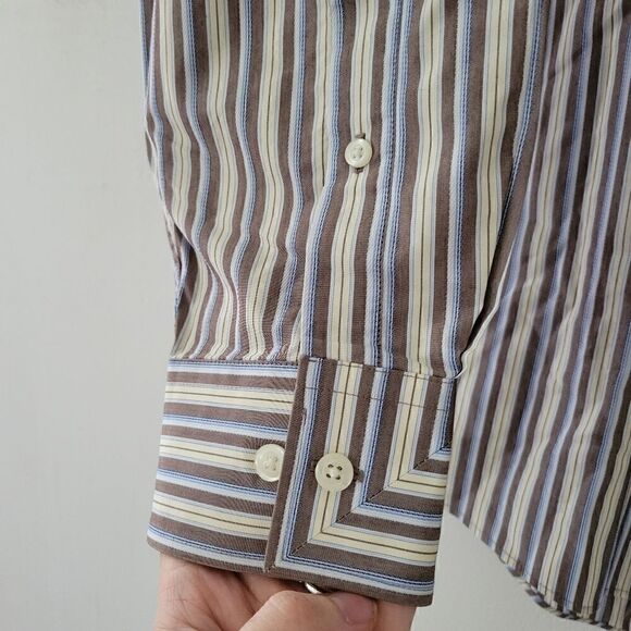 Kenneth Cole New York Button Down Shirt Striped Blue Brown 16.5 - Picture 6 of 6